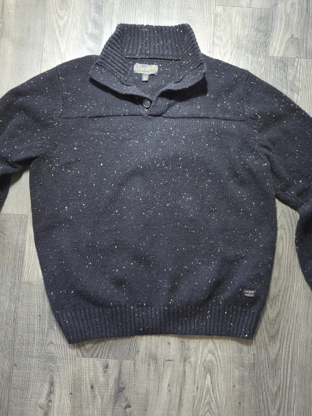 Lucky Brand men's black speckled knit sweater with a mock neck